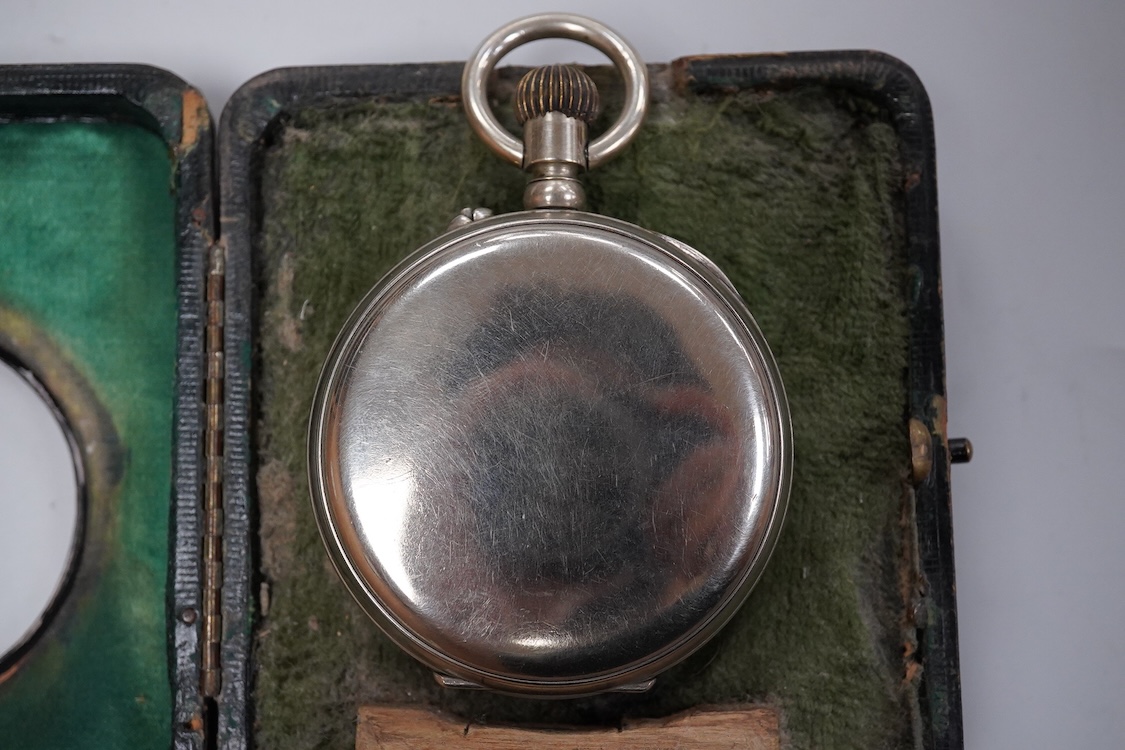 An Edwardian silver and pique inlaid tortoiseshell pocket watch case, Henry Clifford Davis, Birmingham 1909, 11.3cm, containing keyless pocket watch.